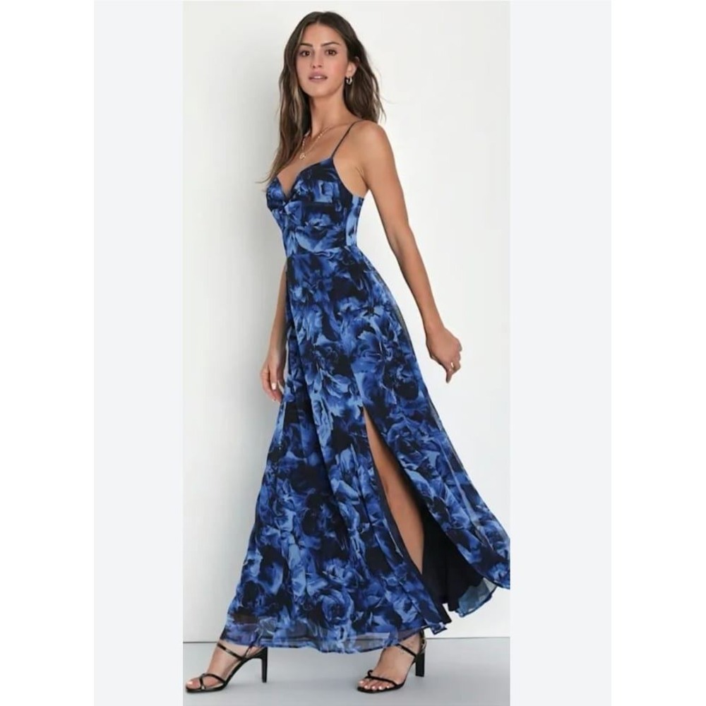 Lulus Blue Floral Maxi Dress XXL Sleeveless Surplice High Slit Formal Gown